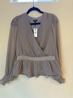 Express Taupe Wrap Peplum Blouse in Light  gray
